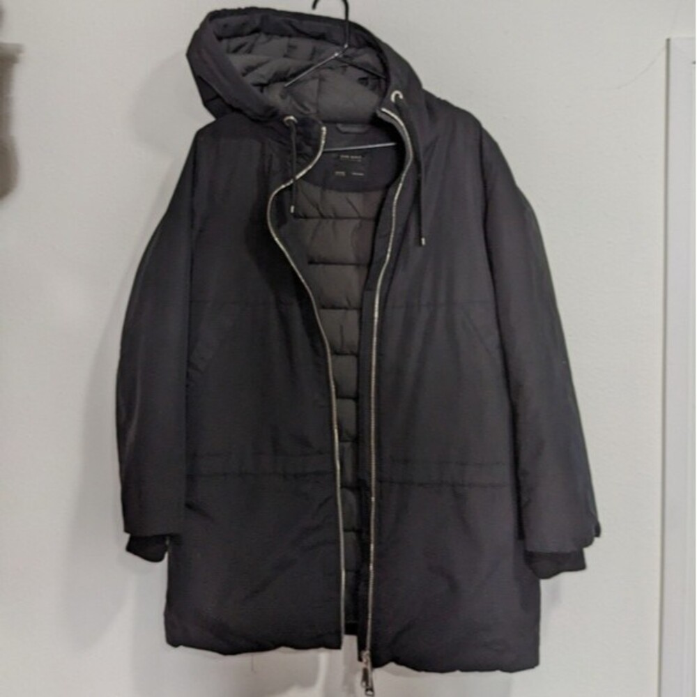 Zara Basic Outerwear Black Hooded Padded Coat, Me… - image 1
